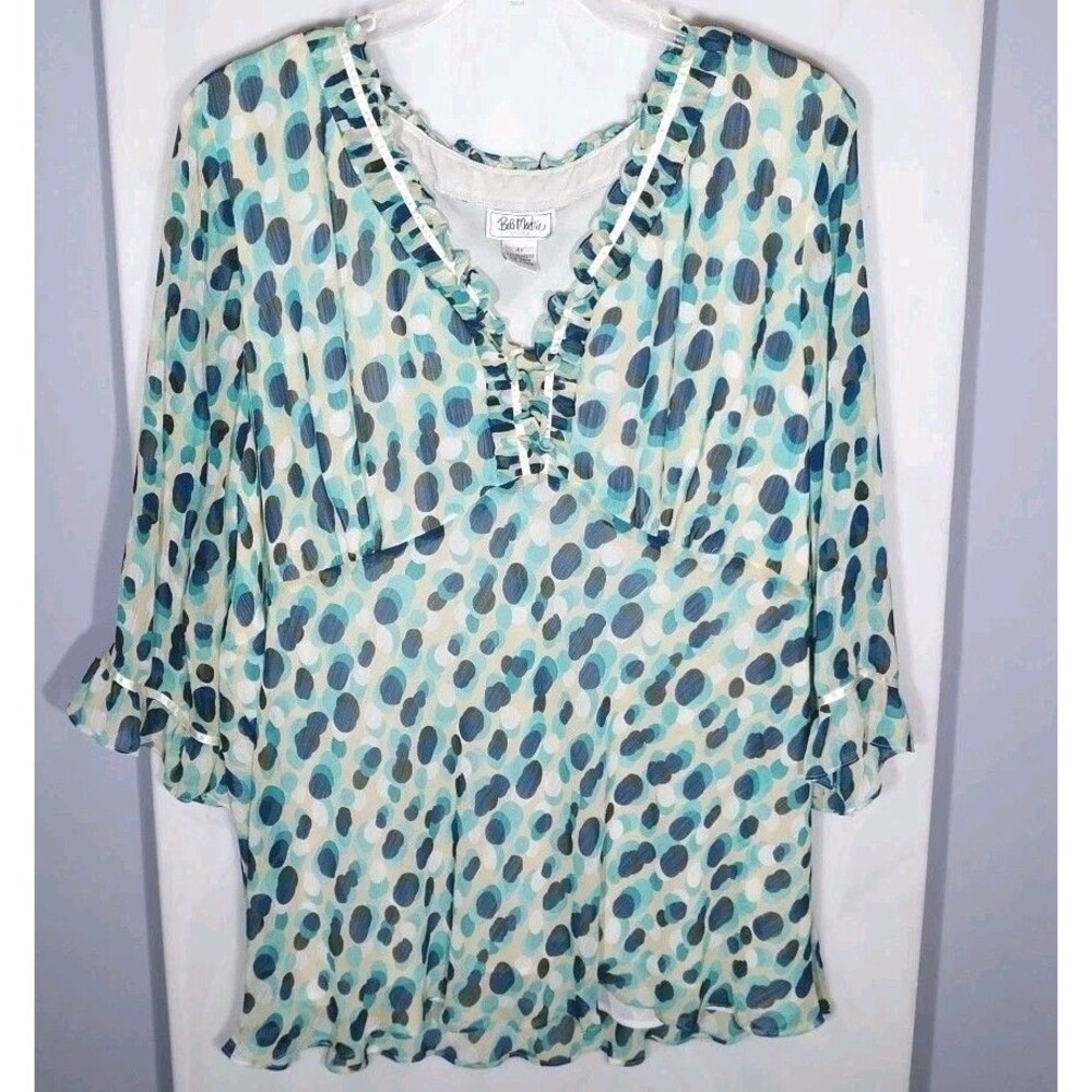 Bob Mackie Blouse Plus Size 4X Ivory Blue Sheer Polka Dot Ruffle Boho Flowy Top